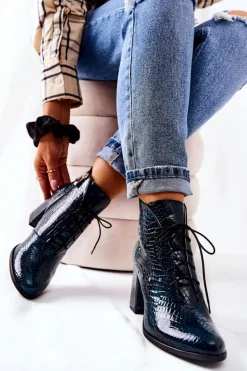 Damskie Skórzane Botki Na Słupku Zielone Neliko