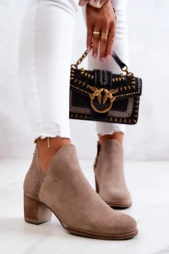 Damskie Skórzane Botki Na Słupku Beżowe Larsa