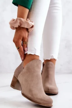 Damskie Skórzane Botki Na Słupku Beżowe Larsa