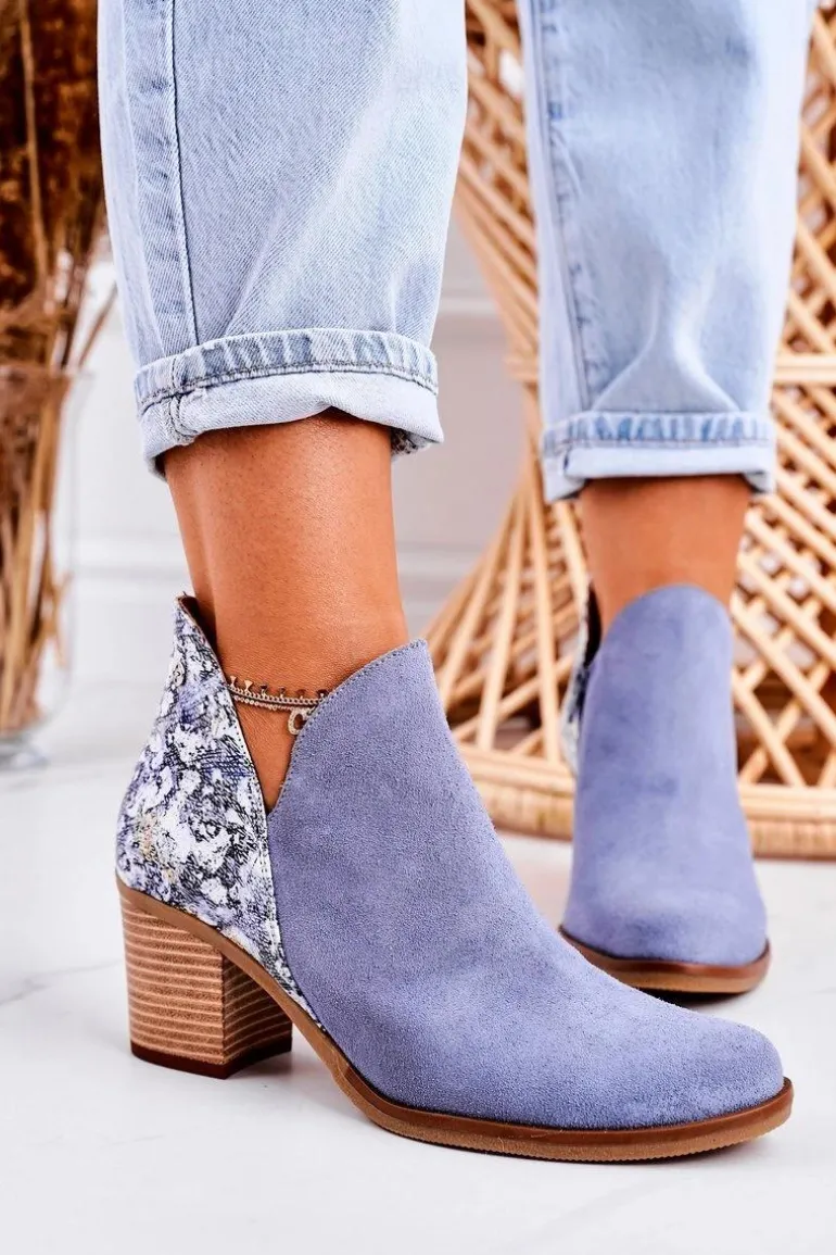 Damskie Skórzane Botki Na Słupku Maciejka Jasny Niebieski 04492