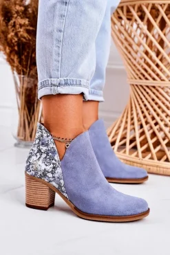 Damskie Skórzane Botki Na Słupku Maciejka Jasny Niebieski 04492