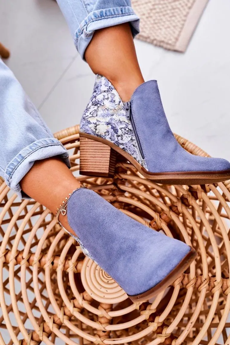 Damskie Skórzane Botki Na Słupku Maciejka Jasny Niebieski 04492