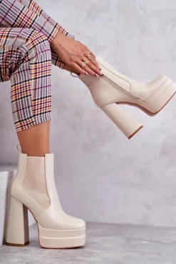 Damskie Skórzane Botki Na Masywnym Obcasie Beżowe Jones