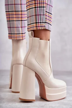 Damskie Skórzane Botki Na Masywnym Obcasie Beżowe Jones