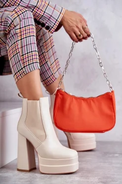 Damskie Skórzane Botki Na Masywnym Obcasie Beżowe Jones