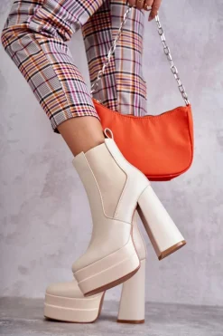 Damskie Skórzane Botki Na Masywnym Obcasie Beżowe Jones