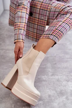 Damskie Skórzane Botki Na Masywnym Obcasie Beżowe Jones