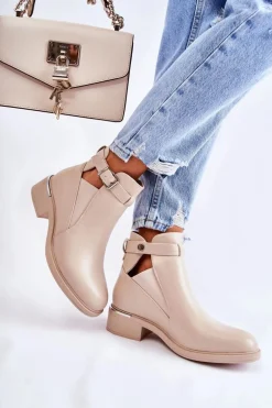 Damskie Skórzane Botki Na Płaskim Obcasie Beżowe Marla