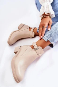 Damskie Skórzane Botki Na Płaskim Obcasie Beżowe Marla