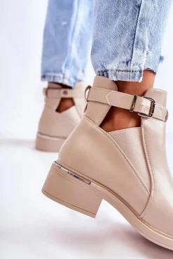 Damskie Skórzane Botki Na Płaskim Obcasie Beżowe Marla