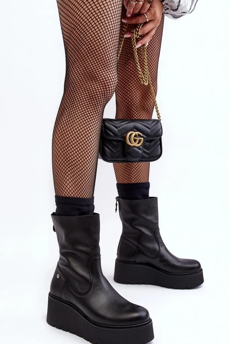 Damskie Skórzane Botki Na Masywnej Platformie Maciejka A7161-01 Czarne