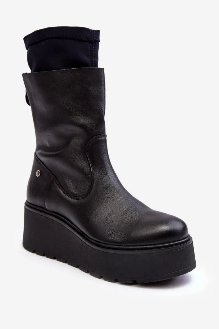 Damskie Skórzane Botki Na Masywnej Platformie Maciejka A7161-01 Czarne
