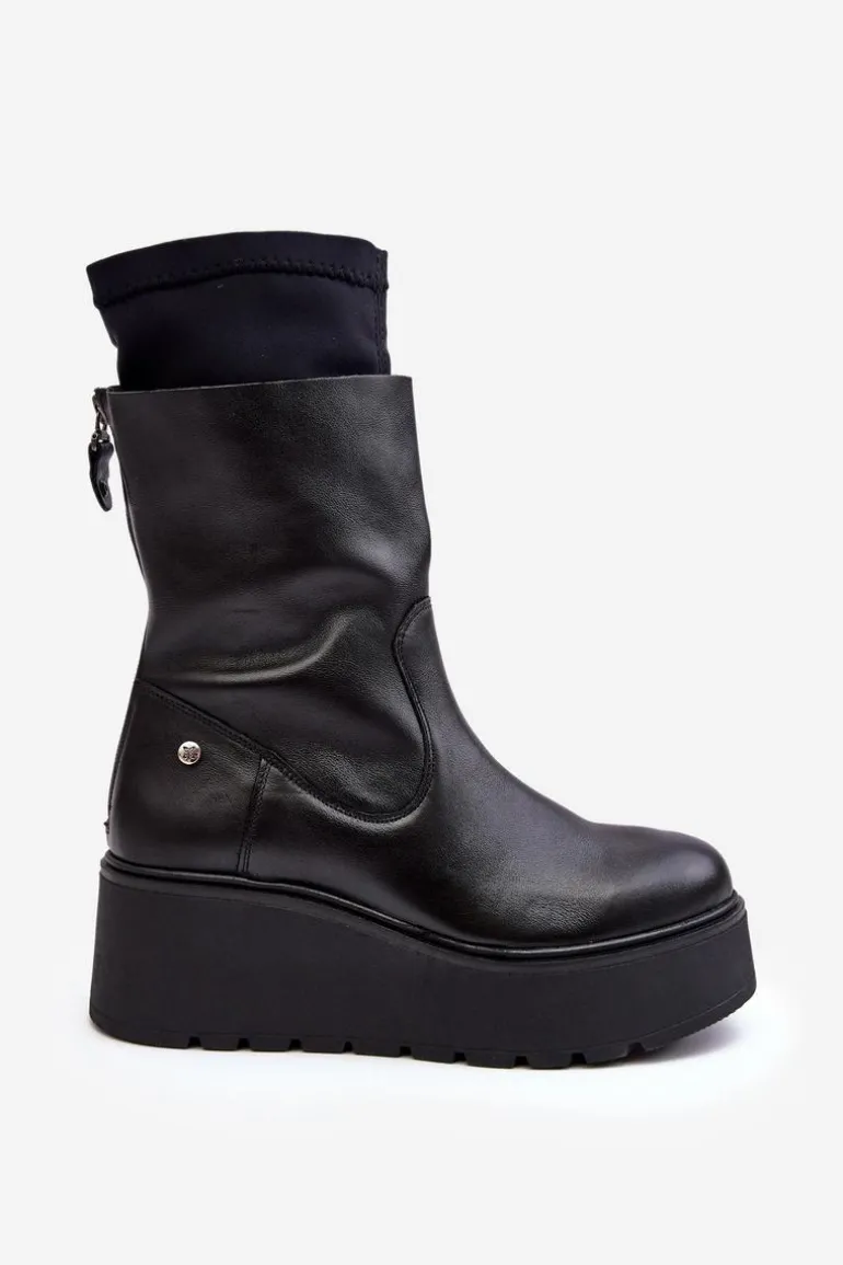 Damskie Skórzane Botki Na Masywnej Platformie Maciejka A7161-01 Czarne