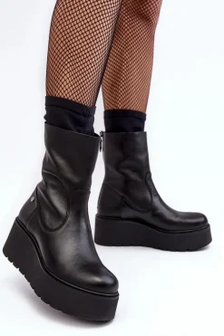 Damskie Skórzane Botki Na Masywnej Platformie Maciejka A7161-01 Czarne