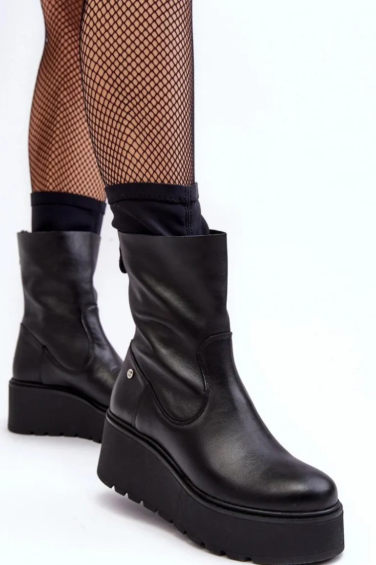 Damskie Skórzane Botki Na Masywnej Platformie Maciejka A7161-01 Czarne