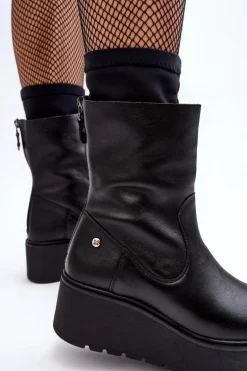 Damskie Skórzane Botki Na Masywnej Platformie Maciejka A7161-01 Czarne