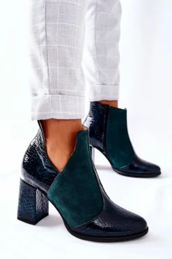 Damskie Skórzane Botki Na Słupku Zielone I Wish