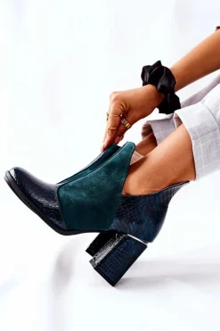 Damskie Skórzane Botki Na Słupku Zielone I Wish