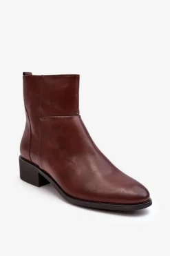 Damskie Skórzane Botki Na Suwak Brązowe Semotti
