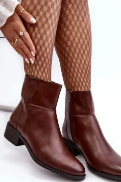 Damskie Skórzane Botki Na Suwak Brązowe Semotti