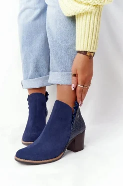 Damskie Skórzane Botki Na Słupku Maciejka Granatowe 04833-17