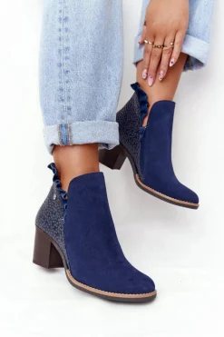 Damskie Skórzane Botki Na Słupku Maciejka Granatowe 04833-17