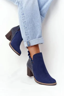 Damskie Skórzane Botki Na Słupku Maciejka Granatowe 04833-17