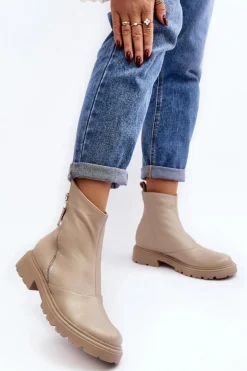 Damskie Skórzane Botki Na Płaskim Obcasie Laura Messi 2620/199 Jasnobeżowe