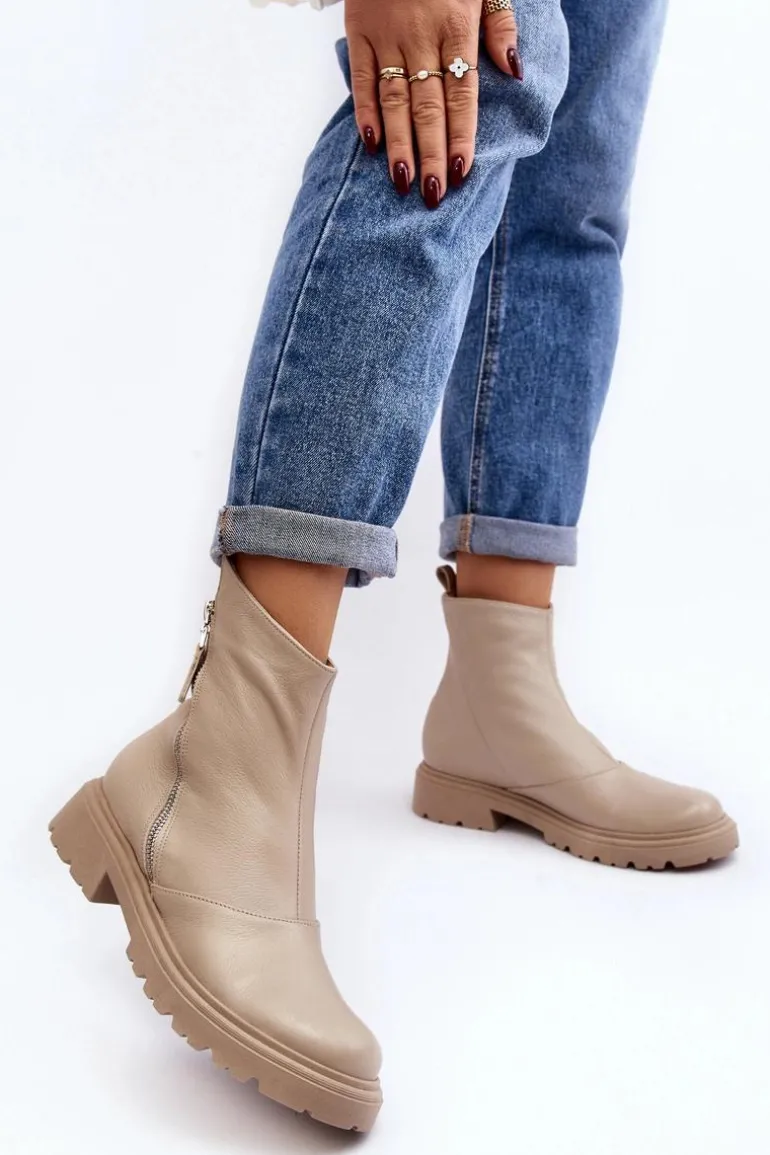 Damskie Skórzane Botki Na Płaskim Obcasie Laura Messi 2620/199 Jasnobeżowe