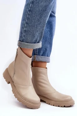 Damskie Skórzane Botki Na Płaskim Obcasie Laura Messi 2620/199 Jasnobeżowe