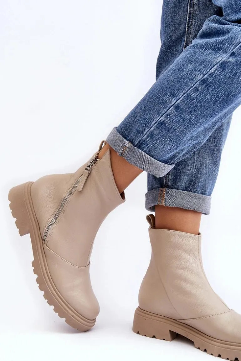 Damskie Skórzane Botki Na Płaskim Obcasie Laura Messi 2620/199 Jasnobeżowe