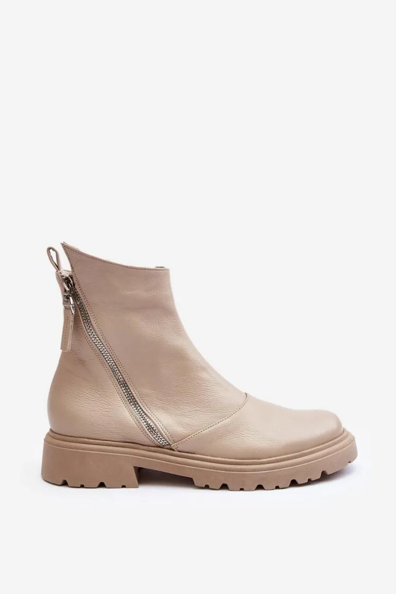 Damskie Skórzane Botki Na Płaskim Obcasie Laura Messi 2620/199 Jasnobeżowe