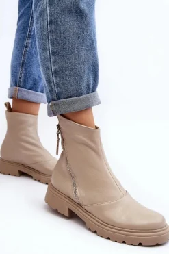 Damskie Skórzane Botki Na Płaskim Obcasie Laura Messi 2620/199 Jasnobeżowe