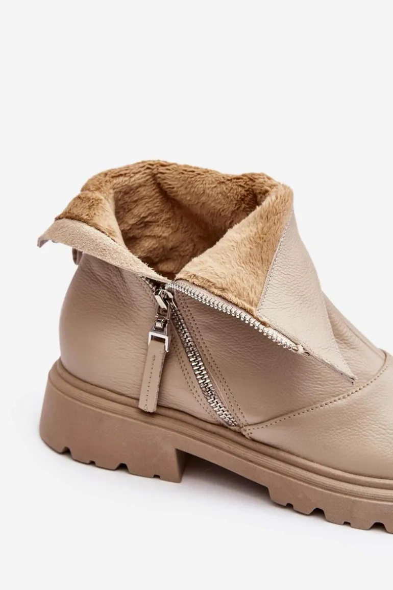 Damskie Skórzane Botki Na Płaskim Obcasie Laura Messi 2620/199 Jasnobeżowe