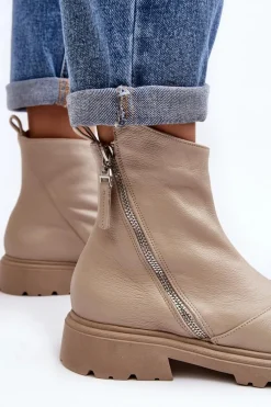 Damskie Skórzane Botki Na Płaskim Obcasie Laura Messi 2620/199 Jasnobeżowe