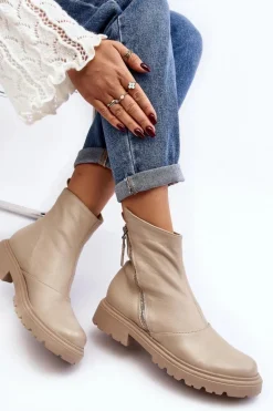 Damskie Skórzane Botki Na Płaskim Obcasie Laura Messi 2620/199 Jasnobeżowe