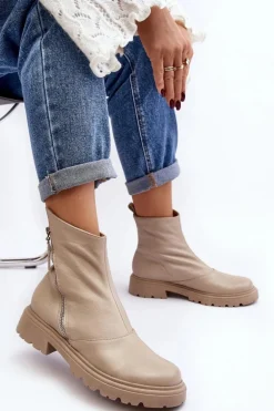 Damskie Skórzane Botki Na Płaskim Obcasie Laura Messi 2620/199 Jasnobeżowe