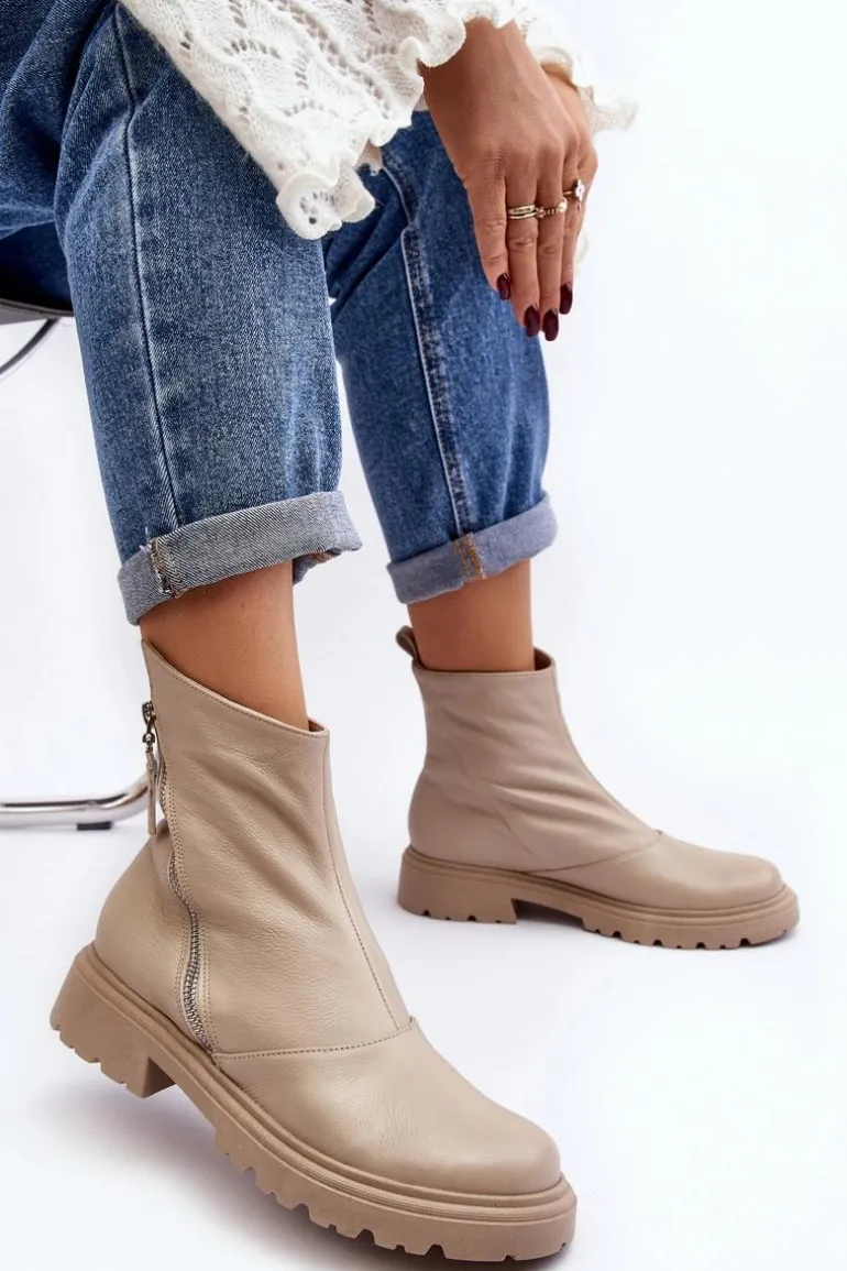 Damskie Skórzane Botki Na Płaskim Obcasie Laura Messi 2620/199 Jasnobeżowe