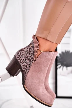 Damskie Skórzane Botki Na Słupku Maciejka Beżowe 04833-04