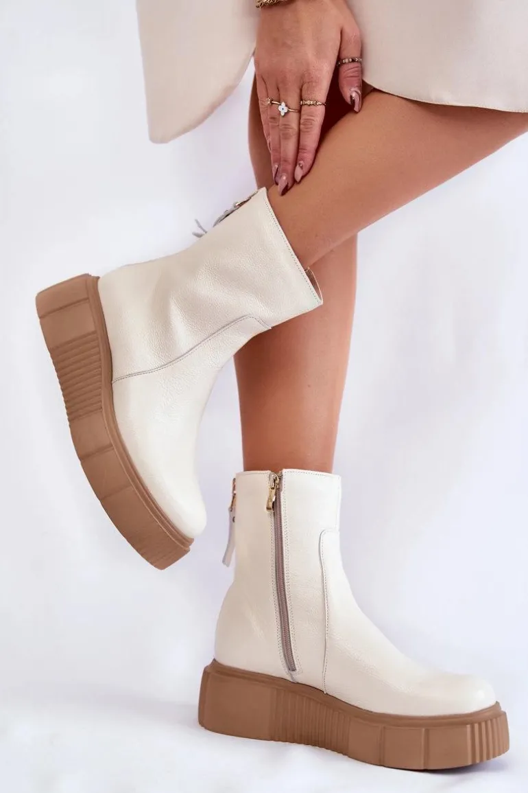 Damskie Skórzane Botki Na Platformie Jasnobeżowe Jenefer