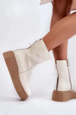 Damskie Skórzane Botki Na Platformie Jasnobeżowe Jenefer