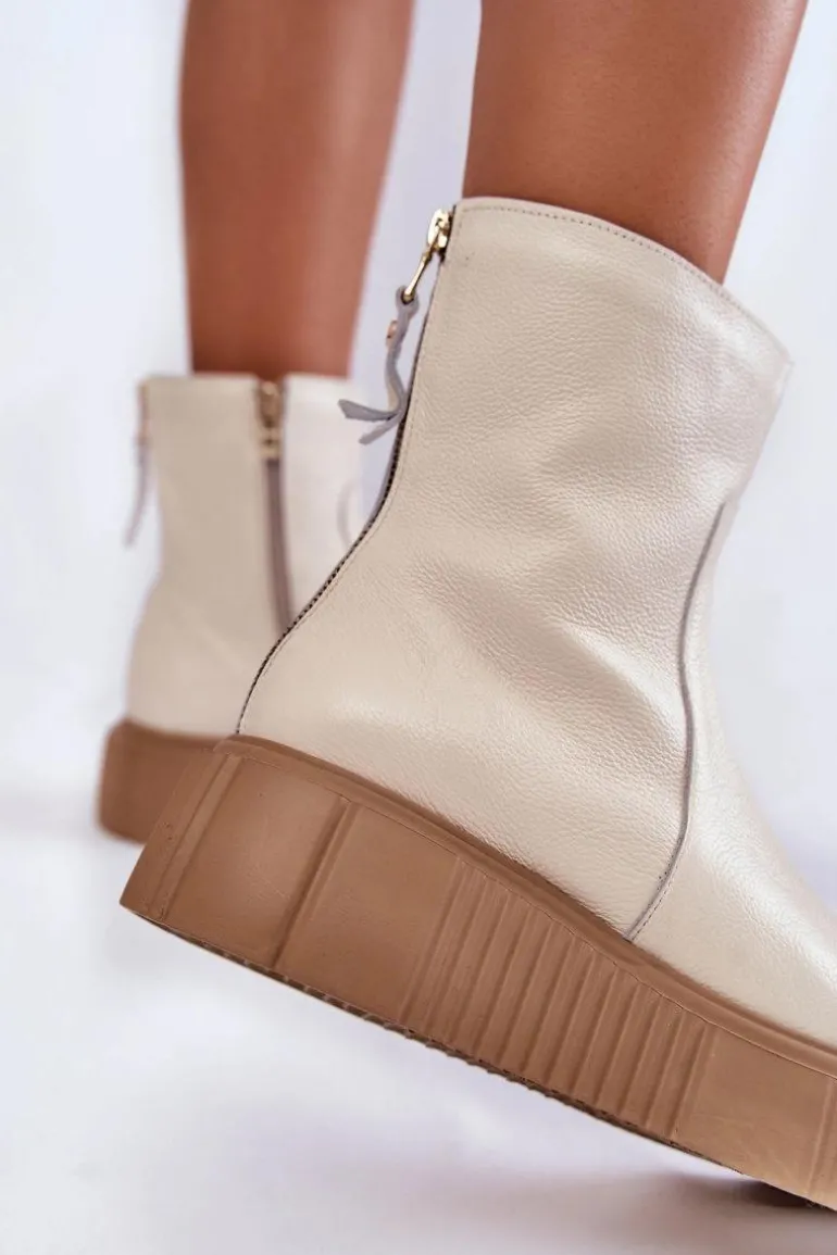 Damskie Skórzane Botki Na Platformie Jasnobeżowe Jenefer