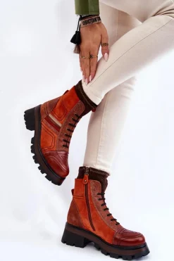 Damskie Skórzane Botki Na Płaskim Obcasie Maciejka 05624-08 Pomarańczowo-Brązowe