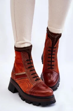 Damskie Skórzane Botki Na Płaskim Obcasie Maciejka 05624-08 Pomarańczowo-Brązowe