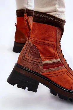 Damskie Skórzane Botki Na Płaskim Obcasie Maciejka 05624-08 Pomarańczowo-Brązowe