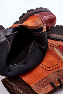 Damskie Skórzane Botki Na Płaskim Obcasie Maciejka 05624-08 Pomarańczowo-Brązowe