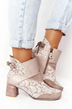 Damskie Skórzane Botki Na Słupku Maciejka Złoto Beżowe 03963-20
