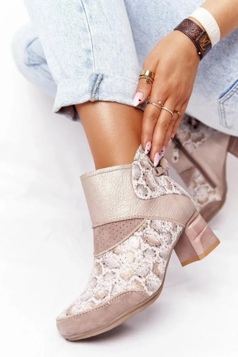 Damskie Skórzane Botki Na Słupku Maciejka Złoto Beżowe 03963-20