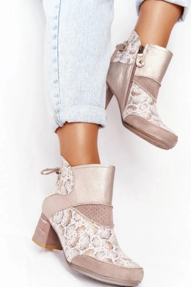 Damskie Skórzane Botki Na Słupku Maciejka Złoto Beżowe 03963-20