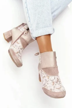 Damskie Skórzane Botki Na Słupku Maciejka Złoto Beżowe 03963-20